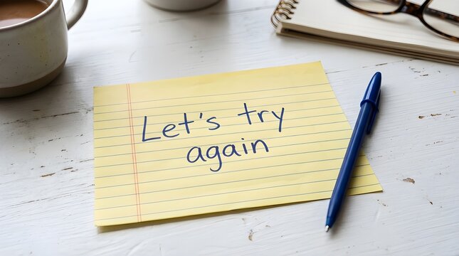 Let&rsquo;s try again message written on yellow paper note on white desk