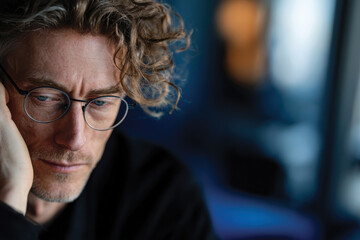 Obraz premium A pensive man with curly hair rests his chin on his hand, contemplatively gazing off into the distance, highlighting introspection and the beauty of quiet moments indoors.
