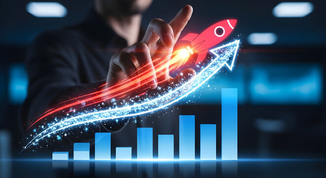 A man in a business setting interacts with a futuristic graphic of a rocket ship soaring upwards in front of a bar graph