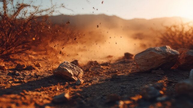 Soil and rocks in motion, capturing dust particles and grains floating in the air. 