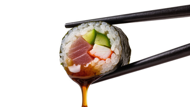 Sushi roll with tuna and avocado dripping soy sauce held by chopsticks, isolated on transparent background