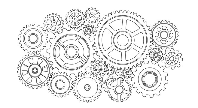 Gears mechanical set with interlocking cogs and toothed wheels in black line art style. featuring illustration, technical drawing, machinery with