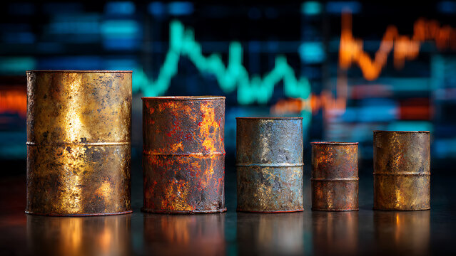 Rusty oil barrels with a stock market chart in the background, cinematic lighting, concept for commodity market analysis, energy trading and economic reports