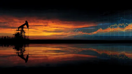 Fototapete Reflection Silhouette oil pumpjack reflected in water with overlaid financial chart and sunset backdrop, concept for energy markets, oil industry and economic forecasting  © fackul