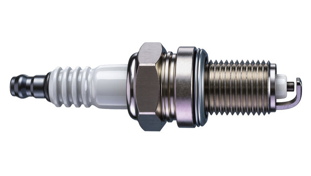 Metal spark plug with ceramic insulator, isolated on transparent background