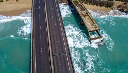 Fototapeta premium Aerial view of modern highway bridge next to coastal ruins over ocean waves