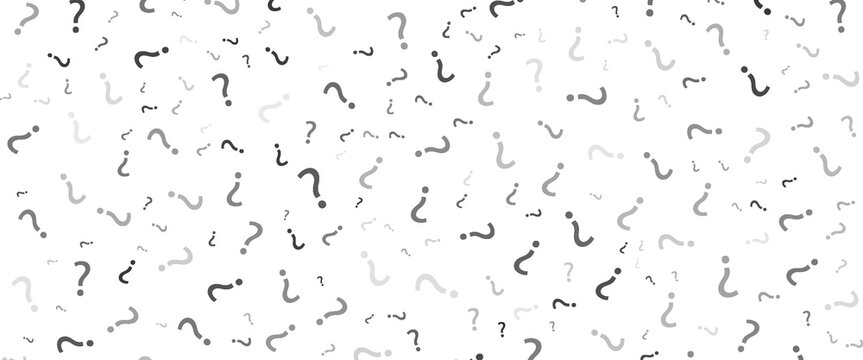 Question mark seamless pattern. Repeating interrogation patern. Hand drawn black simple icon on white sample background. Repeated modern wallpaper for design prints. Repeat swatch.