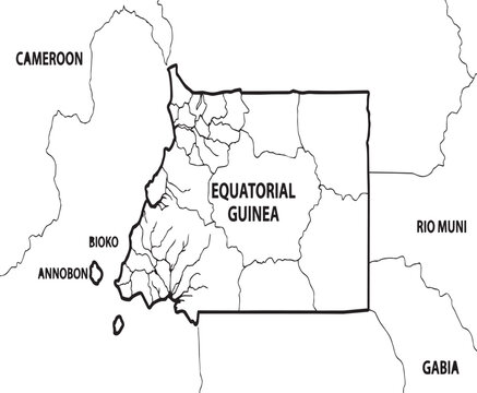 Black and white map of equatorial guinea showing provinces and neighboring countries with clear labels for geography and borders