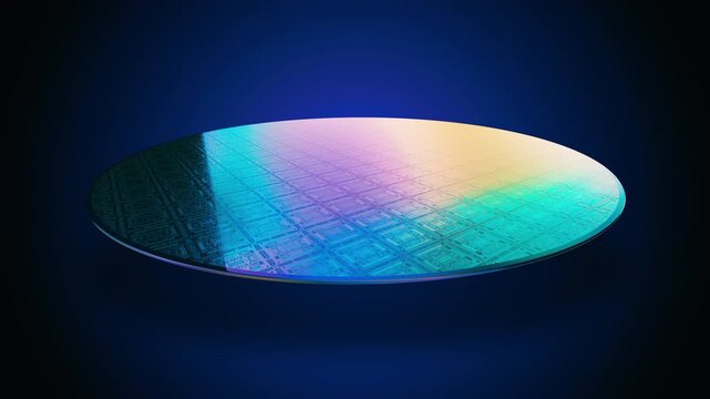 Futuristic semiconductor wafer with iridescent rainbow surface rotating in loop, high tech microchip texture, 3D render animation with dynamic lighting