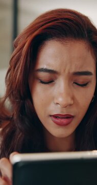 Woman, tablet and confused with typing at office with notes, review or feedback at media company. Person, tech and problem solving with thinking, insight and app for solution at creative agency