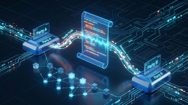 A futuristic digital representation of smart contracts involving Party A and Party B with data transfer along glowing circuits