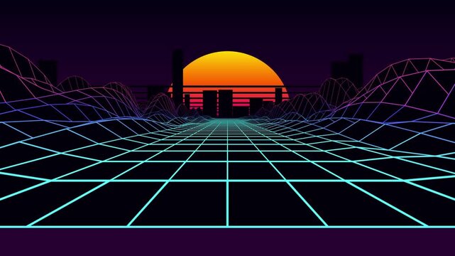 Retro 80s synthwave landscape with wireframe mountains and glowing sun