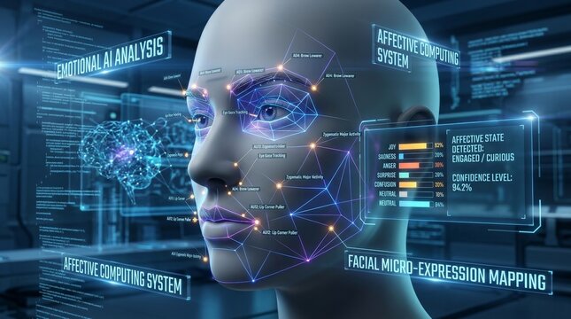 An advanced emotional AI analysis system showcasing facial micro-expression mapping and data