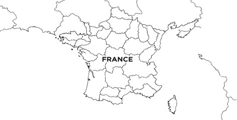 Fototapeta premium Black and white outline map of france showing borders of administrative regions with the word france written in the center of the country