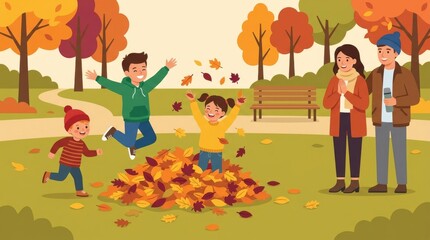 Fototapeta premium Children playing joyfully in an autumn park filled with colorful leaves