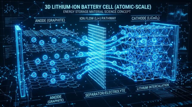 3D illustration of a lithium ion battery cell with anode cathode and ion flow pathway