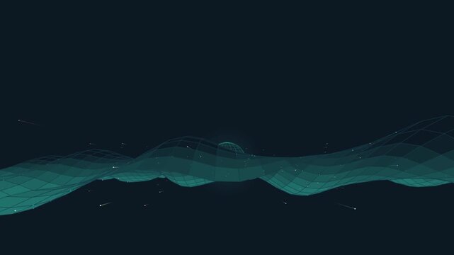 Abstract digital landscape with a glowing wireframe sphere and particles on a dark background