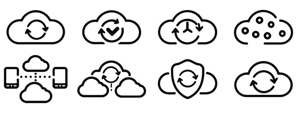 Collection of eight black and white cloud icons with circular arrow symbols