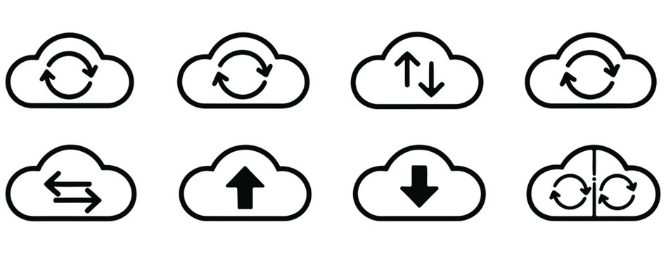 Cloud sync icons a collection of black and white circular cloud symbols with arrows