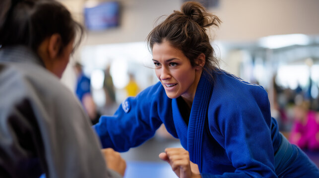 A high-resolution color candid snapshot of Korean female idols competing in a Brazilian Jiu-Jitsu match inside a small local gymnasium. Shot from a slight diagonal side angle, the