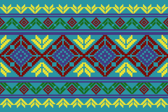 Seamless Pixel Thai Textile Pattern Geometric Floral Background