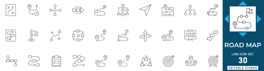 Business road map line icon set featuring strategy, path, milestone, growth, plan, success, and mission. Professional editable vector illustration.   © MdAzizar
