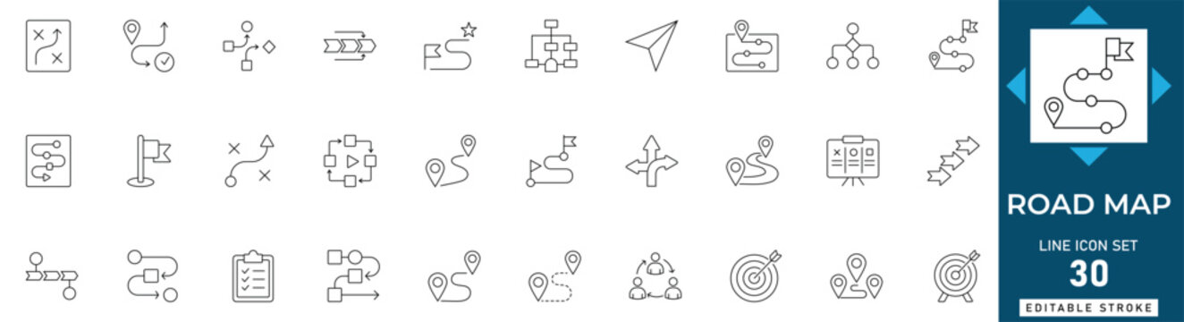 Business road map line icon set featuring strategy, path, milestone, growth, plan, success, and mission. Professional editable vector illustration.

