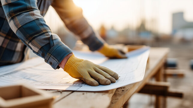 Faceless hands in protective gloves unfolding a large-scale architectural blueprint over a temporary wooden workbench at a construction site, representing document adjustment and s