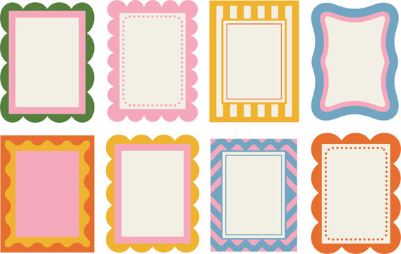 Colorful decorative frames collection with retro patterns, cute borders set for scrapbook design