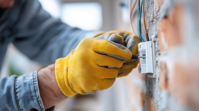 Faceless hands in safety gloves checking the location of electrical sockets according to a wall layout diagram, representing MEP (Mechanical, Electrical, Plumbing) supervision, bri