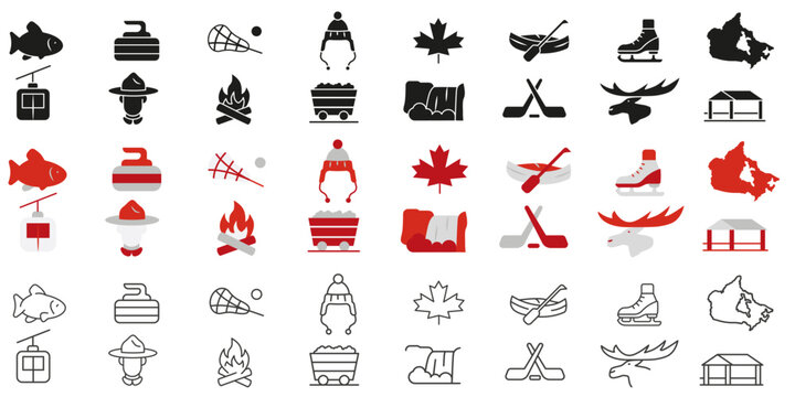 Set of icons with symbols of Canada. For tourism projects, souvenir products, printing.