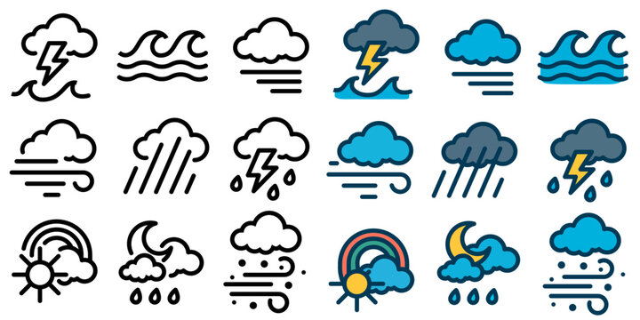 A set of weather icons in various styles line art, colored, and filled. 10 EPS.