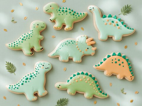 Overhead flat lay of nine dinosaur-shaped royal icing cookies in pastel colors on a light green background with scattered leaves and a playful arrangement