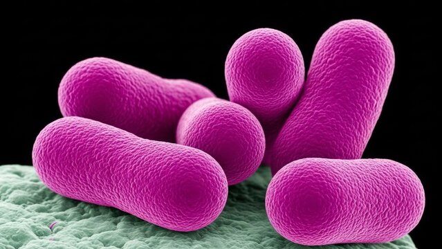 Microscopic Rod-Shaped Bacteria Cells, Electron Microscope, Close-Up Macro View