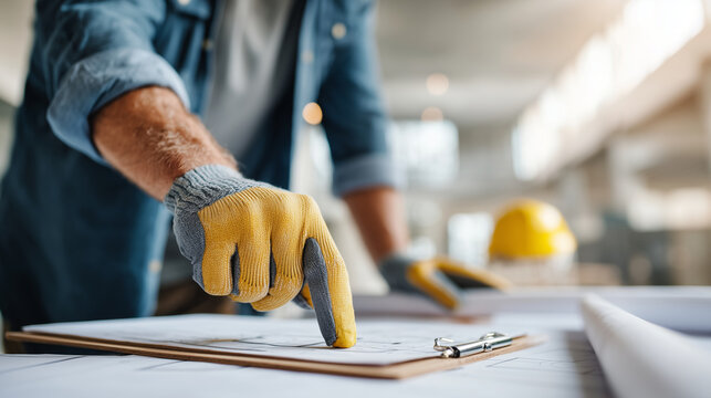 Faceless designer in work gloves pointing at a technical drawing on a clipboard while discussing with a contractor, representing on-site consultation and blueprint explanation, sof
