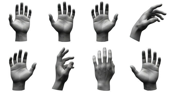 various hand poses in grayscale gestures and anatomy for educational or artistic reference with a plain white background
