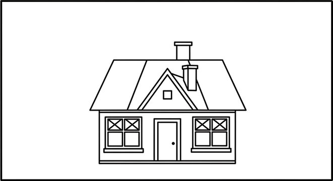 Black and white line of a two-story house with a pitched roof and three windows building architecture