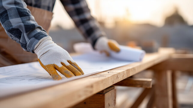Faceless hands in protective gloves unfolding a large-scale architectural blueprint over a temporary wooden workbench at a construction site, representing document adjustment and s