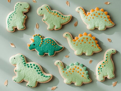 Overhead flat lay of nine dinosaur-shaped royal icing cookies in green and blue colors with orange accents on a light green background, ideal for children's parties or themed events