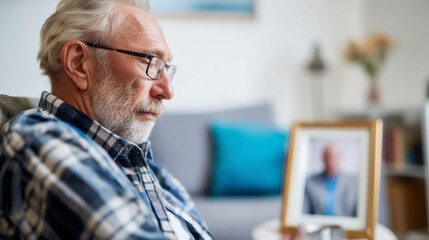 Fototapeta premium Grandfather attends grief counseling after loss, resting a framed portrait face down beside him while the therapist waits patiently in respectful silence