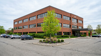 Obraz premium Red Brick Multi-Story Office Building with Parked Cars, Young Green Tree in Landscaped Island and Overcast Sky, Corporate Exterior View