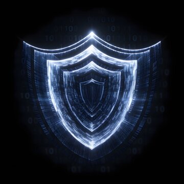 Futuristic glowing digital shield icon with binary code background for cyber security and data protection concept.