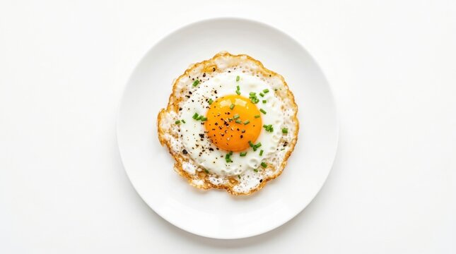 Perfectly fried egg with a bright yellow yolk and chives on a white plate