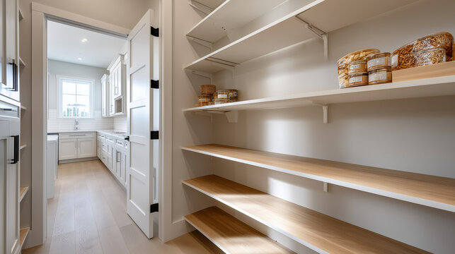 Front-facing shot of empty food shelves in a pantry closet, soft shadows inside white cabinetry, minimalist home pantry scene with orderly lines and a slightly open pantry door