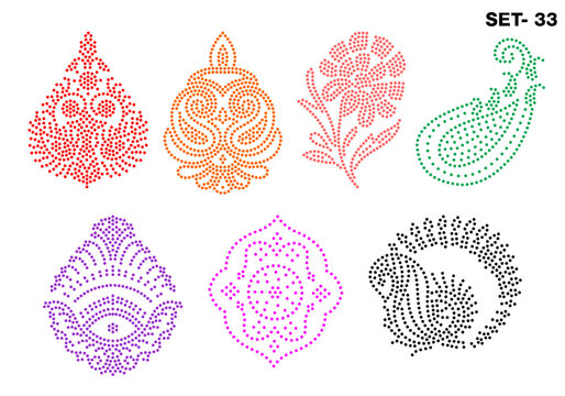 Rhinestone hotfix transfer buta set, floral, paisley motif, geometric pattern design for laser cutting, 2.2 mm hole size 6 ss, set no.33