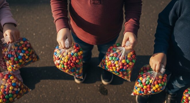 People holding bags full of colorful gumballs at an outdoor market.