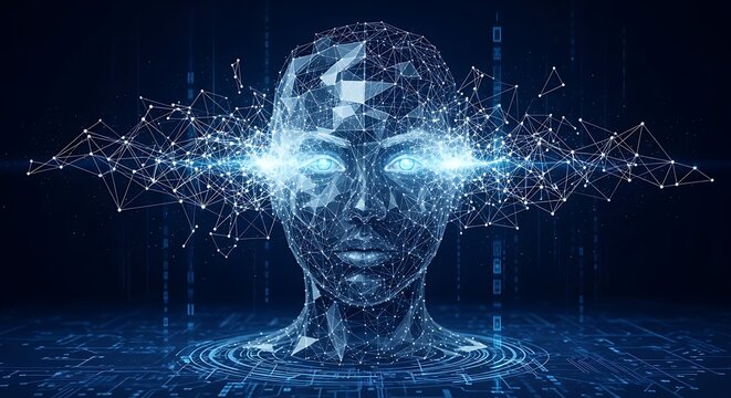 Futuristic digital humanoid head with neural network visualization.