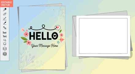 A greeting card with the word "HELLO" and floral elements, accompanied by a blank envelope and paper. © Sekar