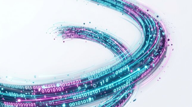 Futuristic digital stream of binary code with neon blue and pink lights
