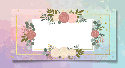 Elegant floral frame with pastel watercolor background and gold accents, perfect for invitations or announcements. © Sekar
